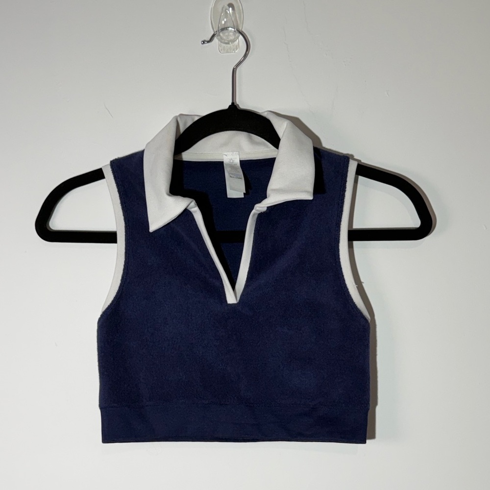 OFFLINE by Aerie Terry Cloth Polo Crop Top Navy Blue Sz M Athleisure Tennis Core - Picture 5 of 7
